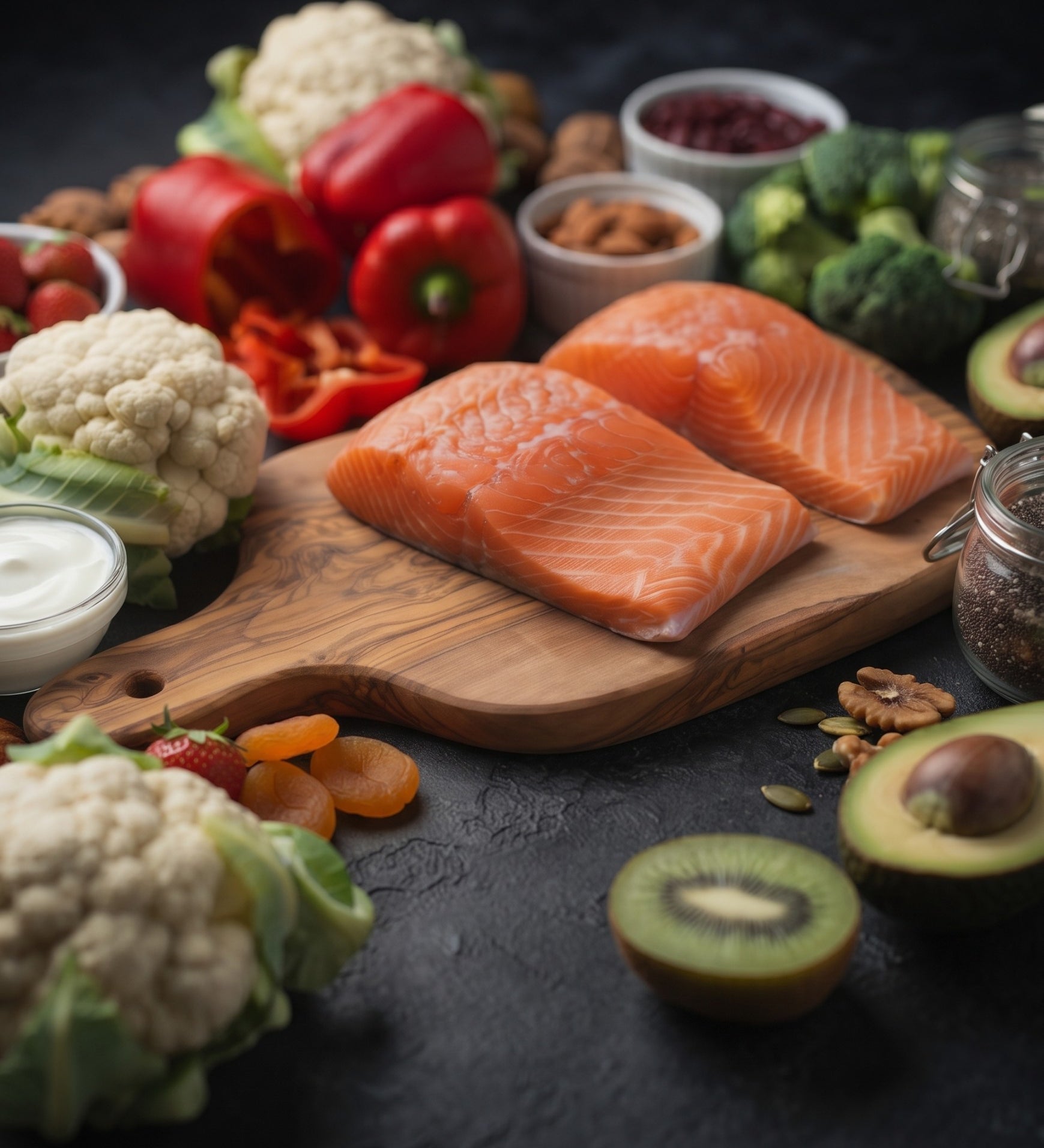 Frischer Lachs auf Holzbrett, umgeben von Gemüse, Avocado, Kiwi und Nüssen